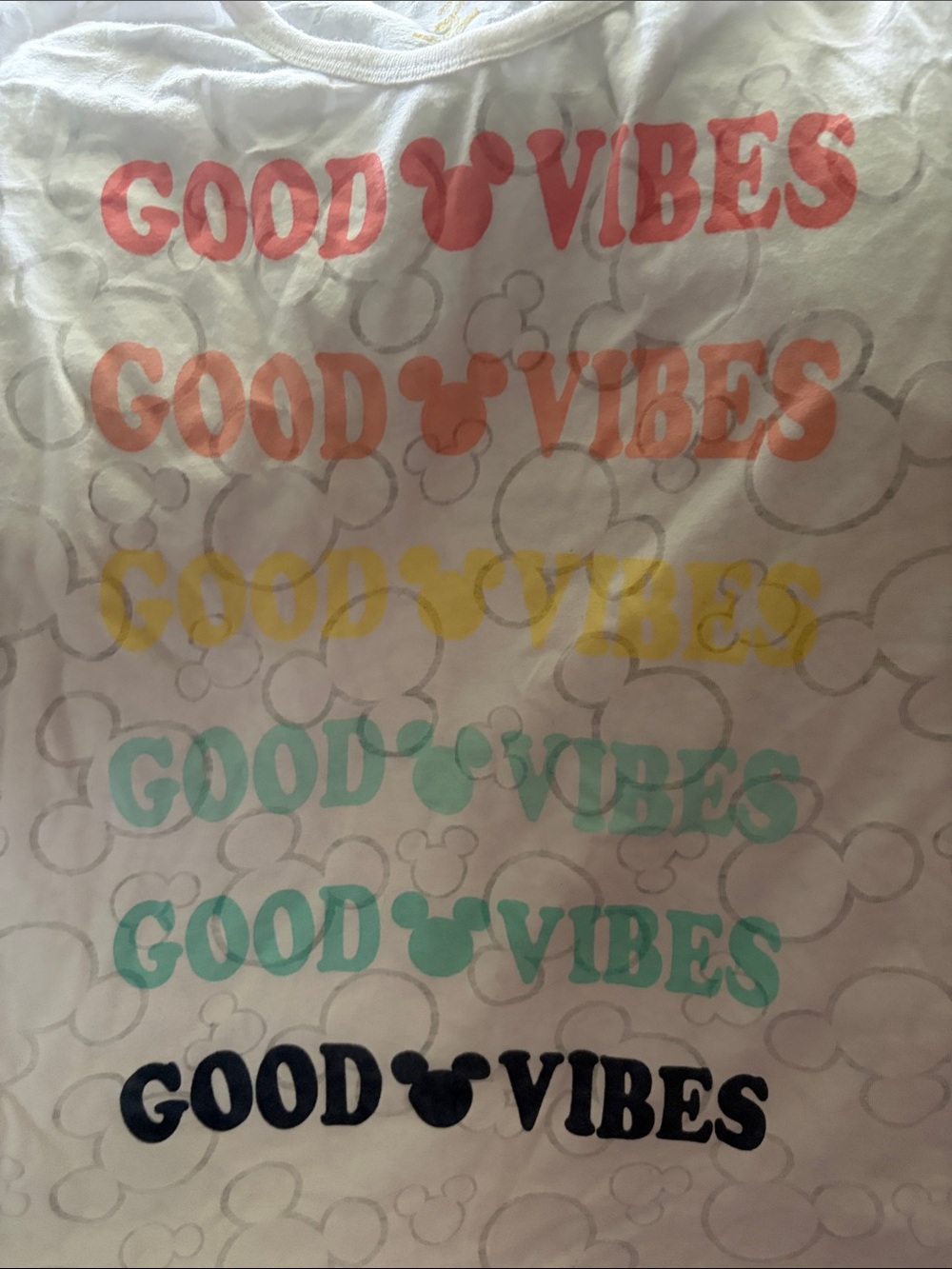 Disney White Short Sleeve Tee with Multicolor "Good Vibes" Print